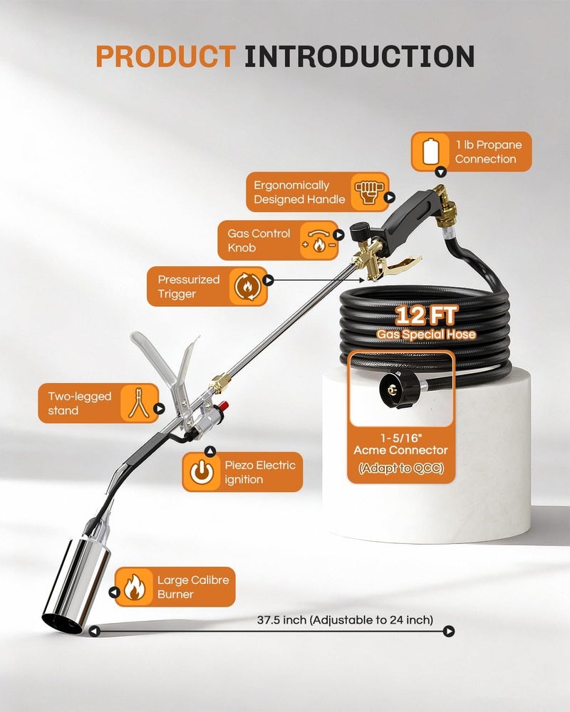 WELLUCK Propane Torch Weed Burner, Weed Torch 340,000 BTU Weeder Torch with QCC 11.5FT Hose, Heavy Duty Blow Torch with Self Igniter for Weeding, Barbecue, Asphalt, Snow Melting - Image 5